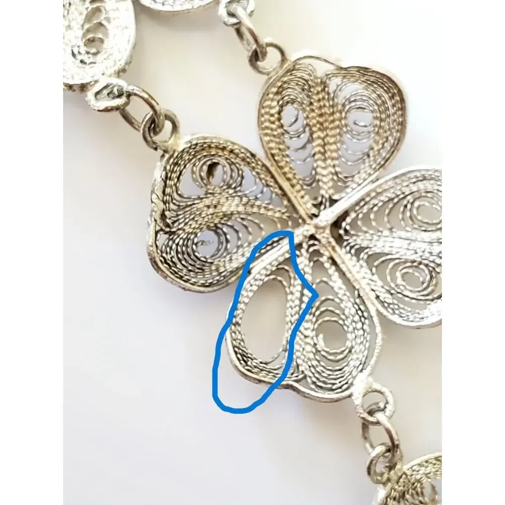 Vintage Silver Filigree Four Clover Link Bracelet – 6.25 in